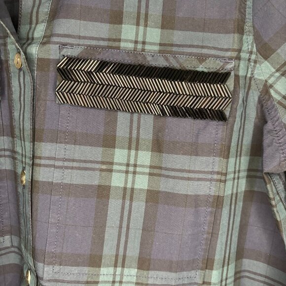 JCREW Beaded Popover Top Women 2 Green Blue Plaid Long Sleeve Flap Pocket - Picture 4 of 5
